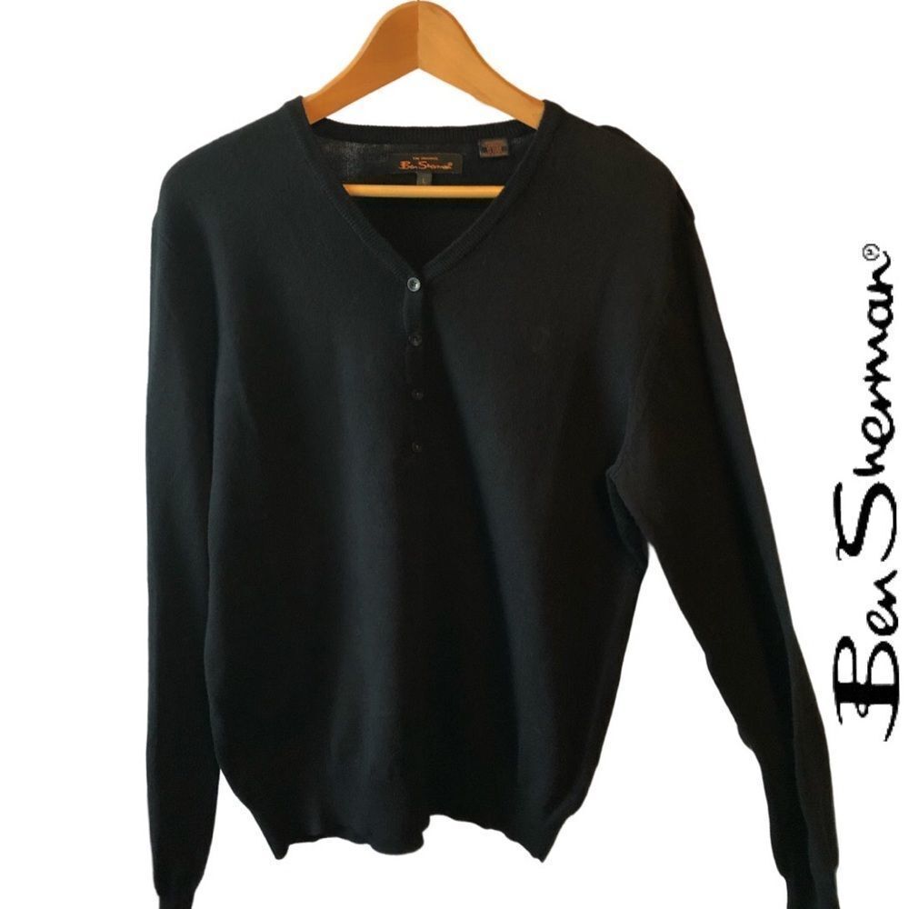 Ben Sherman Black Cotton/Merino Wool Sweater with Buttoned-Shoulder Tabs…‎